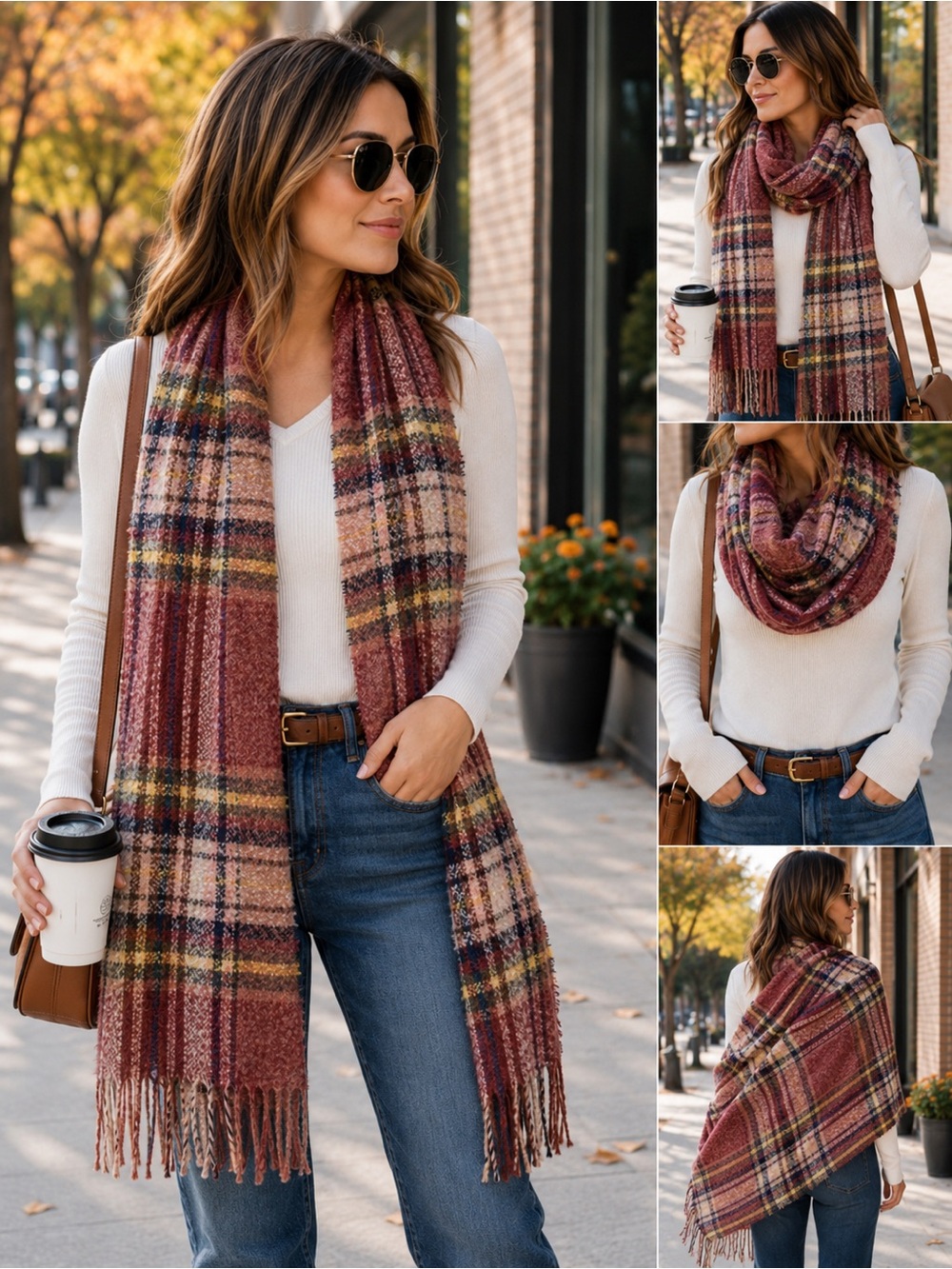 DUSTY rose pink yellow plaid check warm soft fall winter blanket scarf